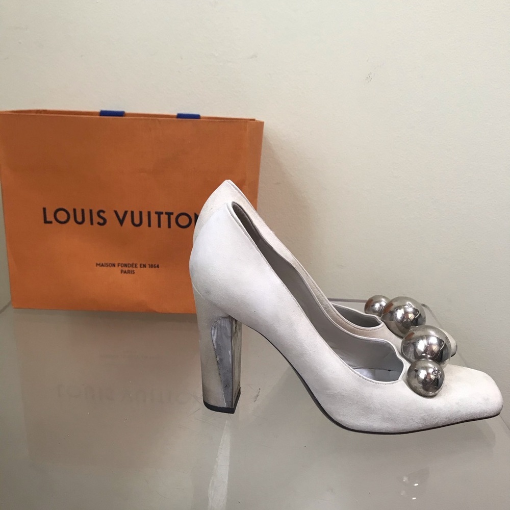 Louis Vuitton Suede Heels Silver LV Logo Shoes Pumps France Slides